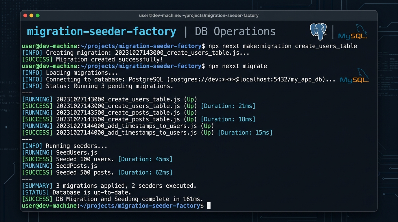 migration-seeder-factory NPM CLI terminal operations